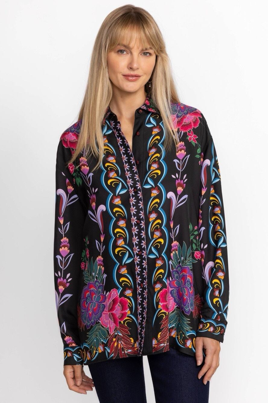 Johnny Was Jade Silk Rosalynda Button Shirt SMALL Oversized 46” Bust Black Print